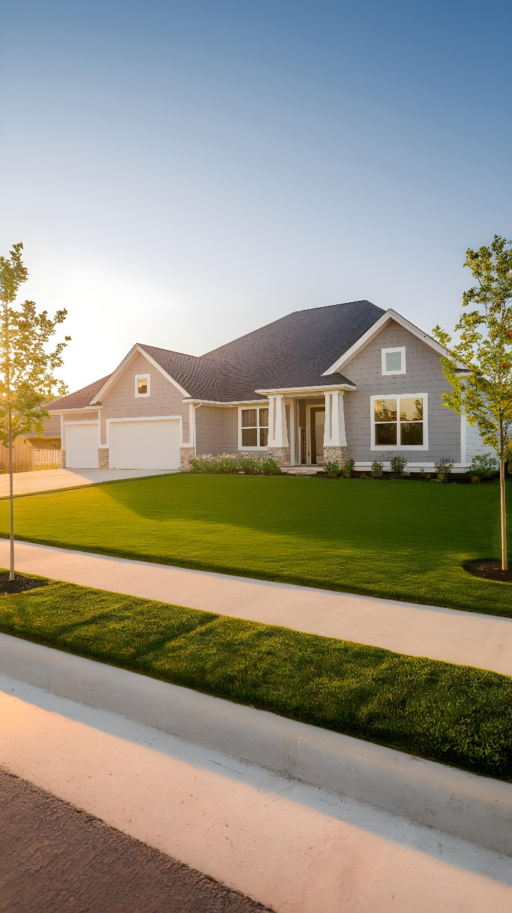 Front view of a neat lawn and house at sunset, ready for summer upkeep