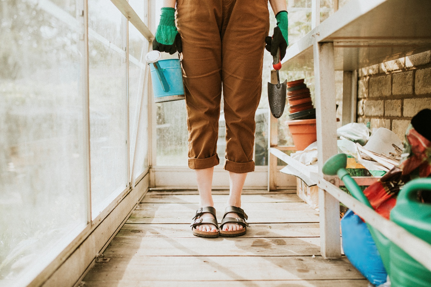 Person holding gardening tools and a watering can in a greenhouse.