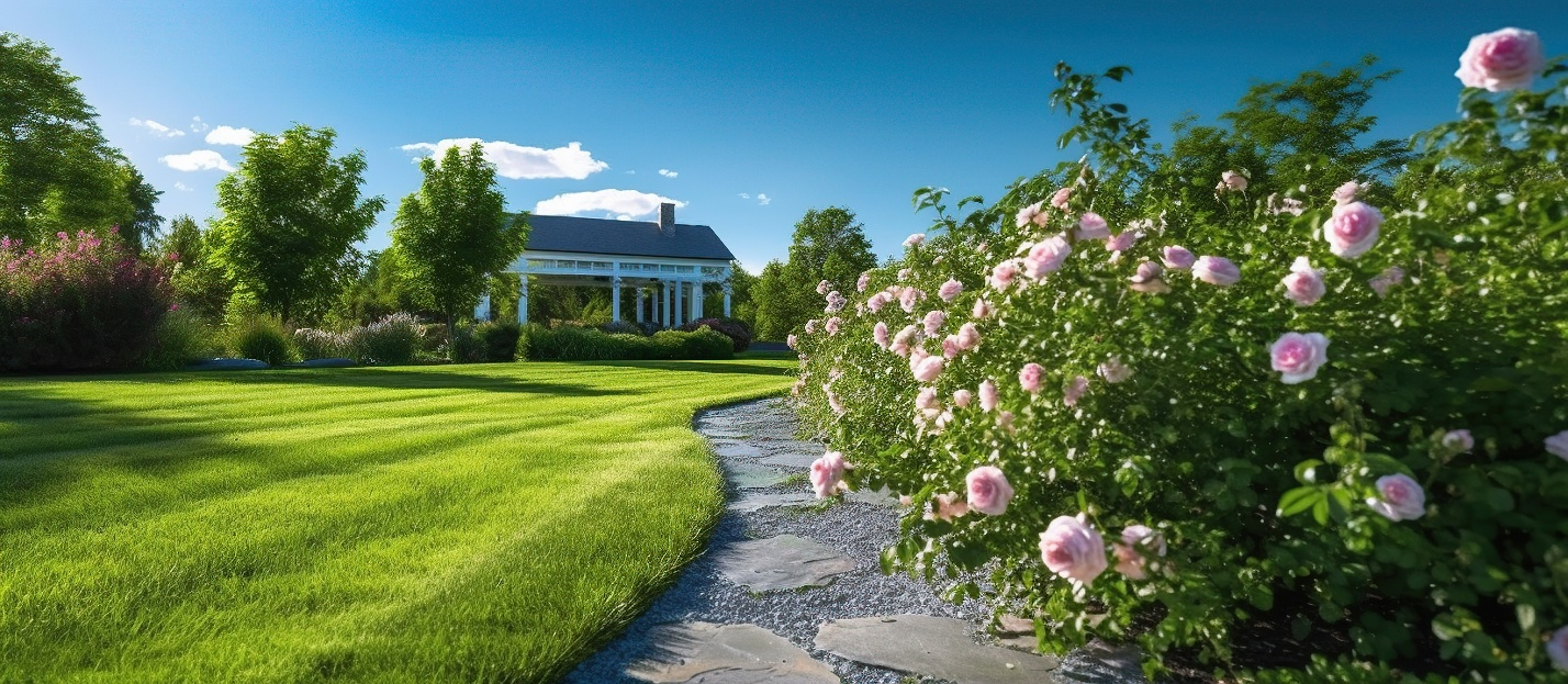 Pathway lined with blooming roses in a manicured summer yard